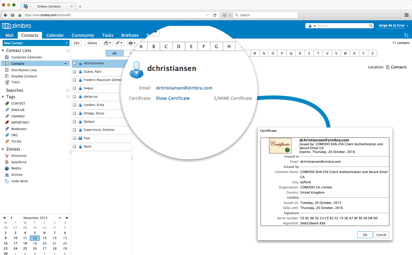Zimbra Collaboration SMIME Contacts