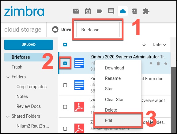 zimbra docs menu modern ui